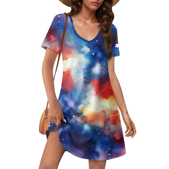 Cotton Dresses For Women 2025, American Flag Casual T Shirt Dress With Pockets 4Th Of July V Neck Short Sleeve Boho Sundress White Bridal Shower Champagne Bridesmaid Dress (XL, Blue) ZMTing