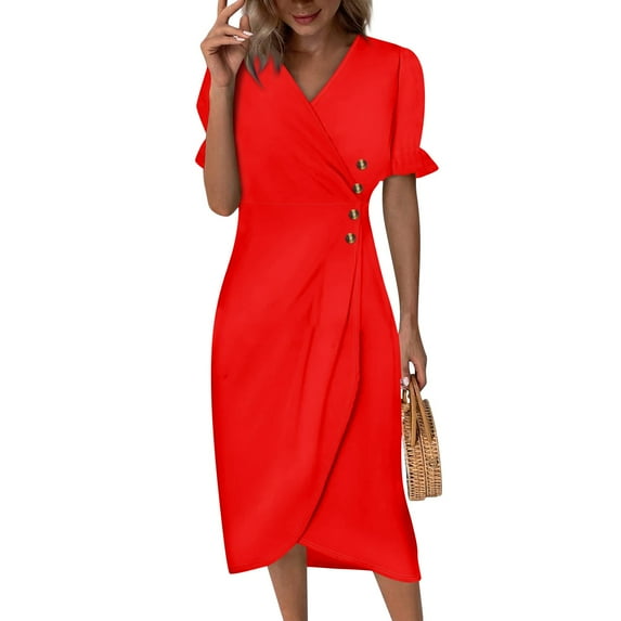 Cotton Dresses For Women 2025, Dresses Wedding Guest Elegant Classy Wrap V Neck Prom Dress Corset Petite Dresses Romper Dresses Casual 2024 Sundresses Plus Sundresses Casual (L, Red) ZMTing