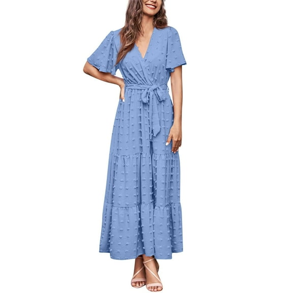 Cotton Dresses For Women 2025, Polka Dot Dress Smocked Casual V Neck Tunic Pleated Short Sleeve Beach Vacation Long Dress Midi Sweater Spaghetti Strap Dresses Tennis Dresses (XL, Blue) ZMTing