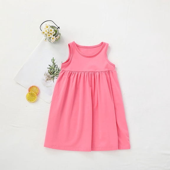 Cotton Dresses for Girls Size 1-8Y Toddlers Kids Cute Sleeveless Crewneck Casual Solid Color Pullover Pleated A-Line Mini Dress