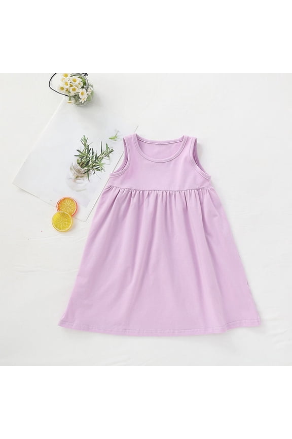 Cotton Dresses for Girls Size 1-8Y Toddlers Kids Cute Sleeveless Crewneck Casual Solid Color Pullover Pleated A-Line Mini Dress