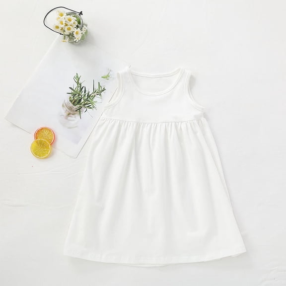Cotton Dresses for Girls Size 1-8Y Toddlers Kids Cute Sleeveless Crewneck Casual Solid Color Pullover Pleated A-Line Mini Dress
