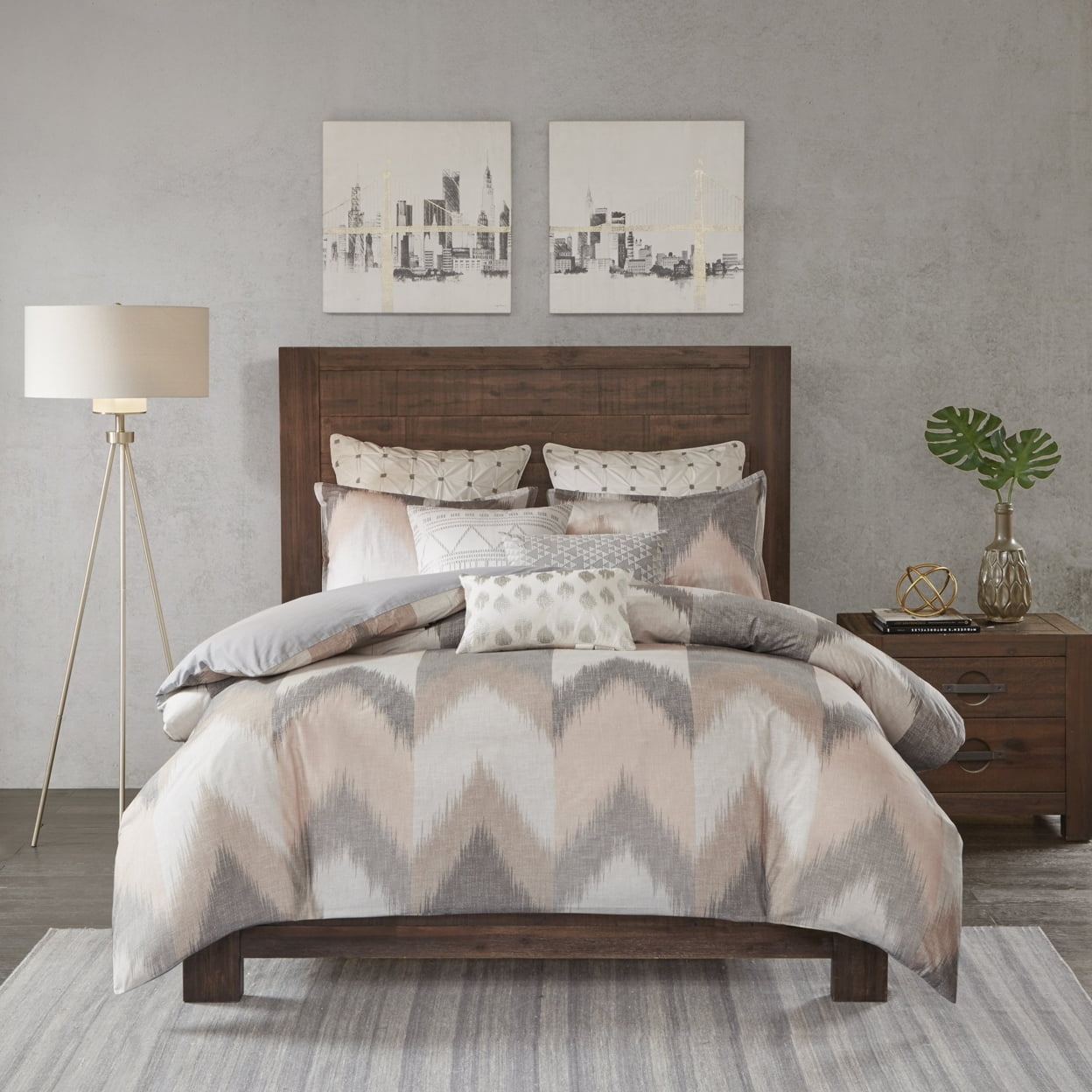 Full/Queen Blush and Gray Cotton Ikat Sham Set