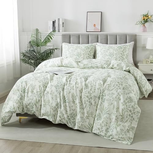 Cotton Duvet Cover Queen - Floral Comforter Cover 3-PC, Botanical Bedlinen Sets with Zipper Closure & Corner Ties, Wildflower Comforter Cover Sets