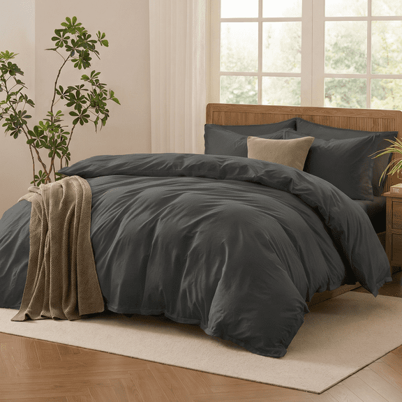 Duvet Cover Set Queen Size, 100% Washed Cotton, Ultra Soft Comforter Cover Linen Feel, 3PCs Breathable Bedding Set for All Season (Dark Grey 90"x90")