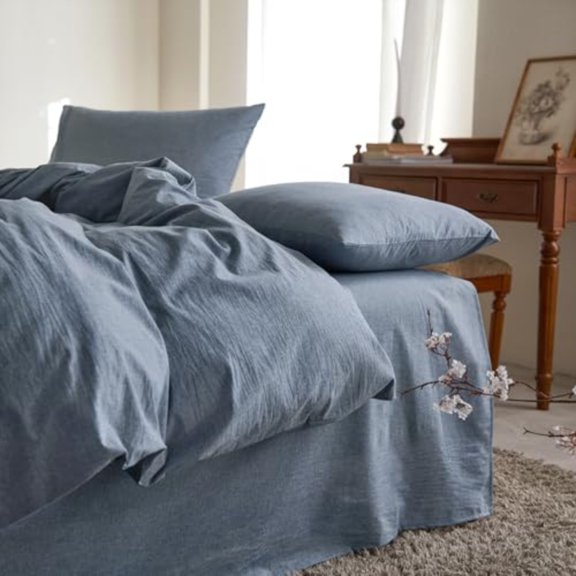 - Cotton Duvet Cover Set King Size Chambray Denim Blue 100% Washed Cotton Linen Like Textured Breathable Percale Durable Comfy Farmhouse Neutral Bedding Set 3 Pieces