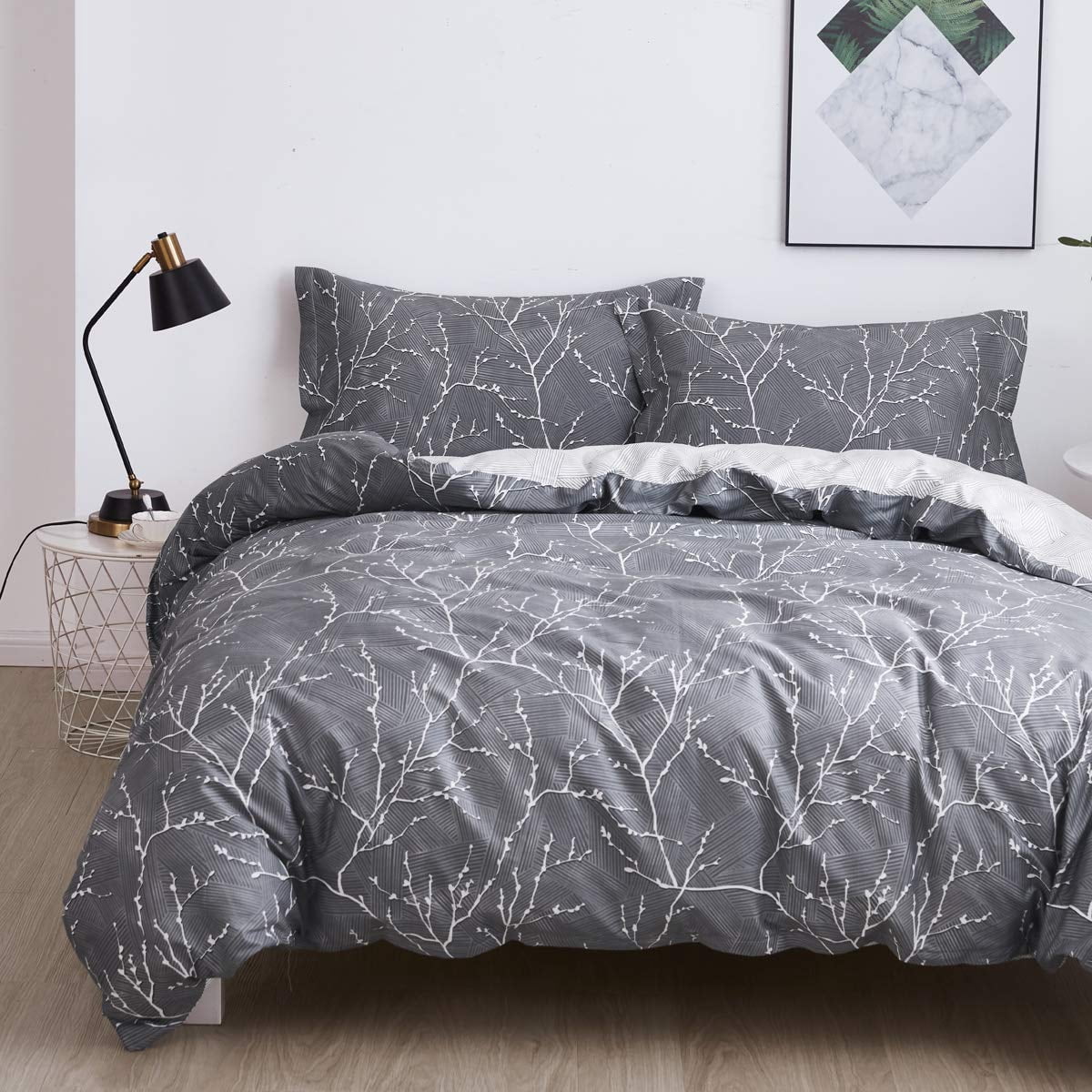 Cotton Duvet Cover Set Leaf Pattern Soft Bedding 3 Pieces Including 2 ...