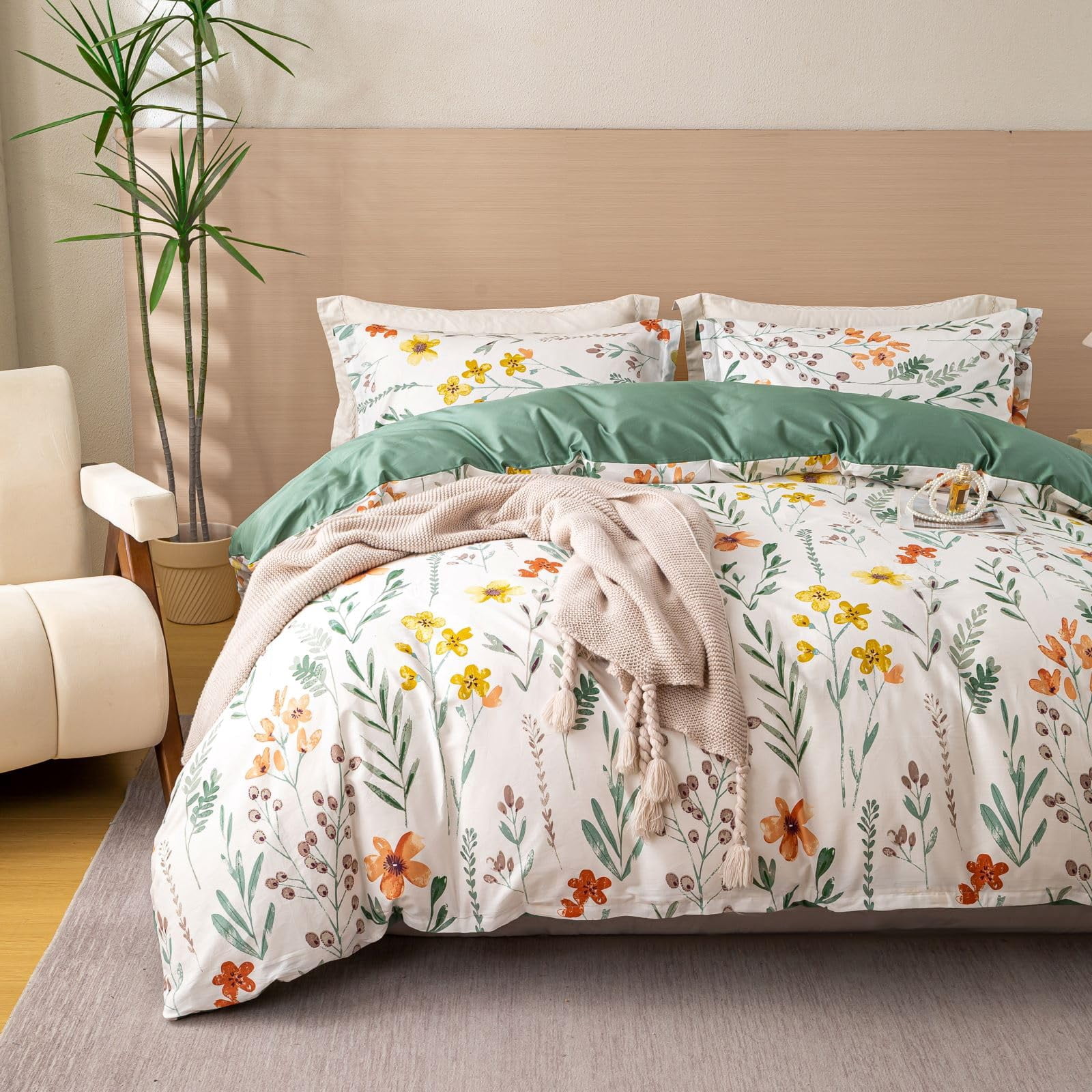 Cotton Duvet Cover Set Leaf Pattern Soft Bedding 3 Pieces Including 2 ...