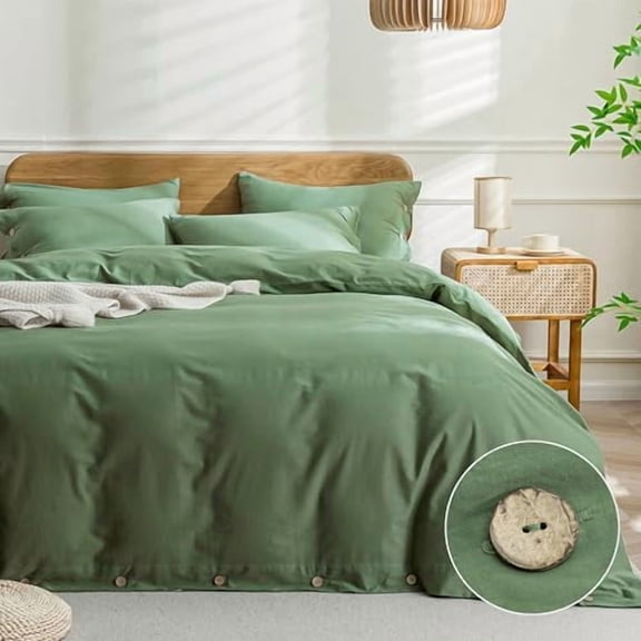 Cotton Duvet Cover Twin Size - Green Comforter Cover with Button 100% Washed Cotton 2PCS Breathable Soft Solid Bedding Set Duvet Cover 68×90in & 1 Pillowcase (NO Comforter)