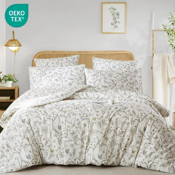 JOLUSERE 100% Cotton Duvet Cover White Floral Duvet Cover Set with Colorful Butterfly Pattern Queen Size,Pearl White