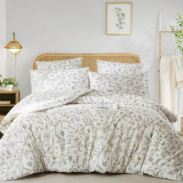 JOLUSERE 100% Cotton Duvet Cover White Floral Duvet Cover Set with Colorful Butterfly Pattern Queen Size,Pearl White