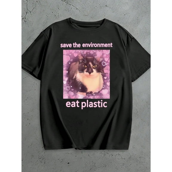 Cotton Edgy Humor Graphic Tee T Shirt Top Ironic Cat Save Environment Design Short Sleeve Crew Neck Black S-5XL
