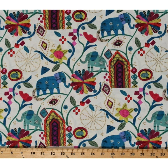 Cotton Elephants Flowers Collage Papers Sheet Music Metallic Multi-Color on Off-White Wish Garden of Dreams Cotton Fabric Print by the Yard (51738M-1)