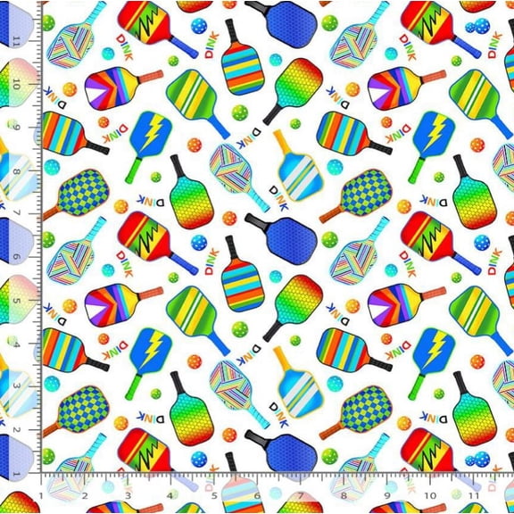 Cotton Elite Athlete Timeless Treasures Colorful Pickleball Paddles on White Sports Games Cotton Fabric Print by the Yard (gail-cd3016-white)