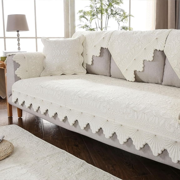 Cotton Embroidery Couch Sofa Cover Leaf and Floral Pattern Nonslip Quilted Furniture Protector Slipcover for Dogs, Children, Pets Sofa Slipcover Machine Washable (Cream,28"x28")