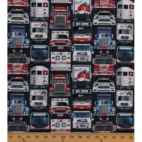 Cotton Emergency Vehicles Ambulances Fire Trucks Police Cars Essential Heroes Patriotic Cotton Fabric Print by the Yard (5650-78)