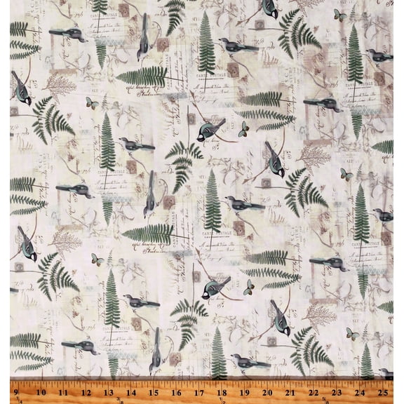 Cotton En Bleu Words Writing Scripts Birds Ferns Plants Flowers Animals Light Khaki Cotton Fabric Print by the Yard (Y4030-11 LIGHT KHAKI) Clothworks