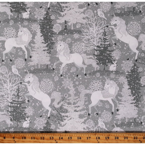 Cotton Enchanted Gray and Glitter Unicorns Snowflakes Pine Trees Rabbits Bunny Bunnies Owls Sparkle Fantasy Silver Cotton Fabric Print by the Yard (2421G-91)