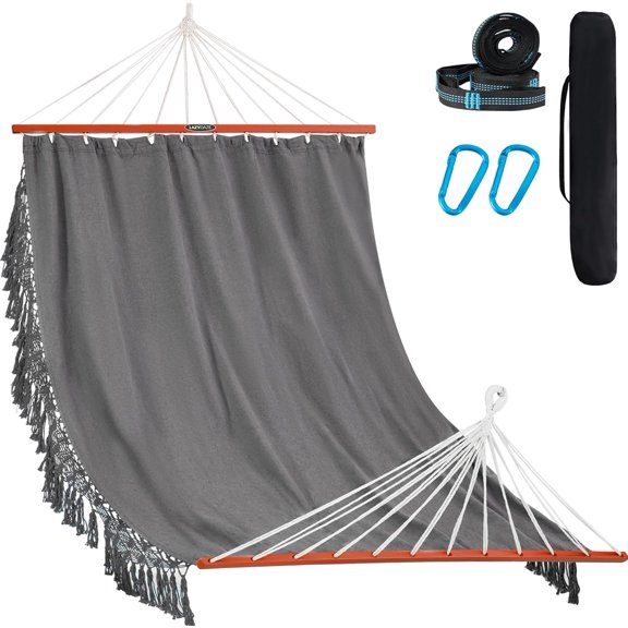Cotton Fabric Double Hammock with  Spreader Bar, Portable Camping Hammock with Carrying Bag & Tree Straps for Patio, Backyard, Balcony