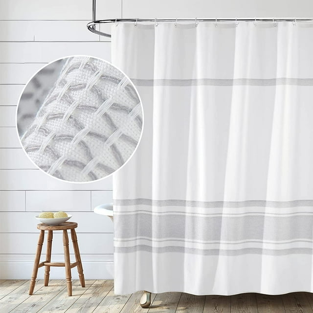 Cotton Fabric Shower Curtain White Gray Woven Striped 72 x 72 inches