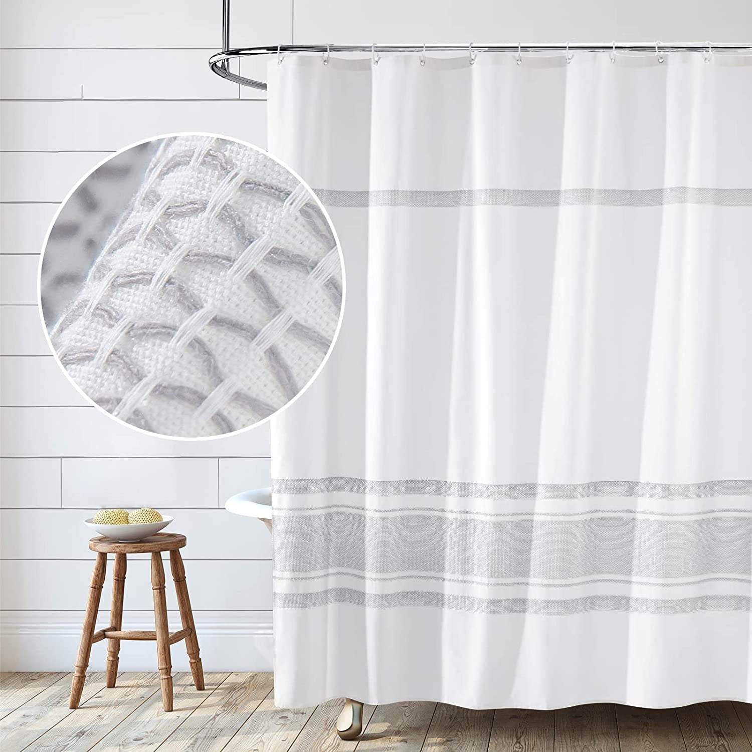 Seasonwood White & Gray Striped Cotton Shower Curtain, Farmhouse Style