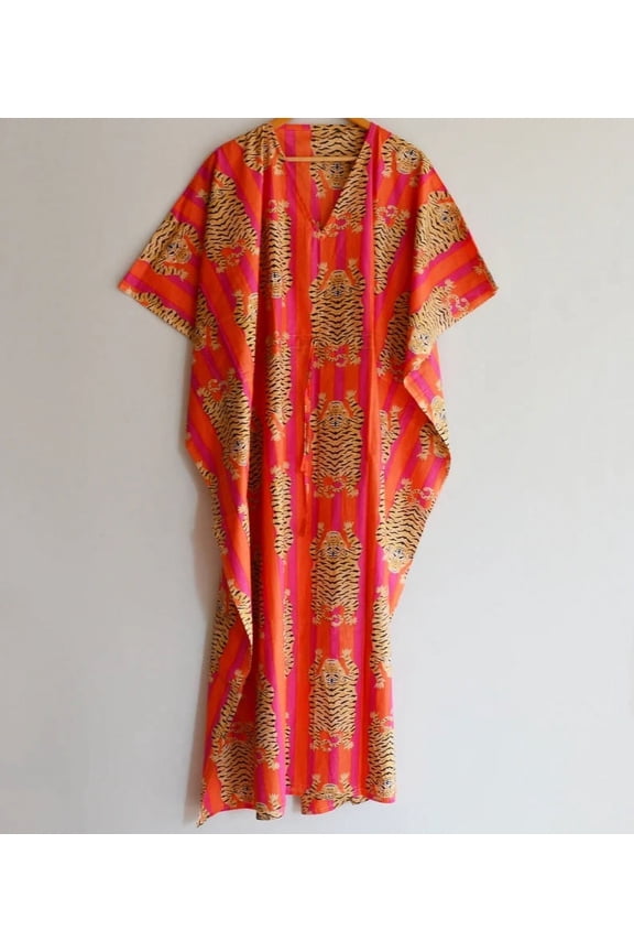 Cotton Fabric Tiger Print Indian Kaftan Dress Long Top Caftan, Dress Beach Cover up, Printed Sleepwear Maxi Dress Boho Kimono Robe