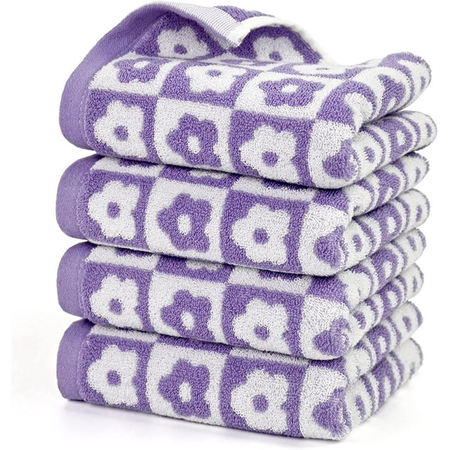 Cotton Face Towels Set of 4 Checkered Floral Bathroom Hand Towels for