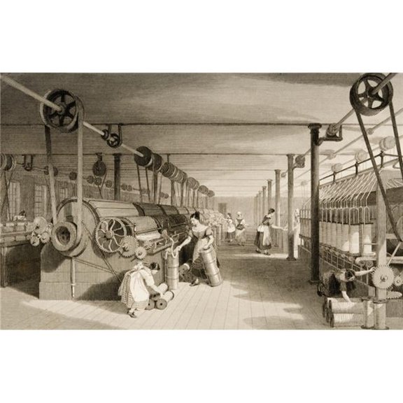 Cotton Factory Floor In 1830S Showing Workers Carding Drawing & Roving Drawn by T Allom Engraved by J Tingle Poster Print, Large - 34 x 22