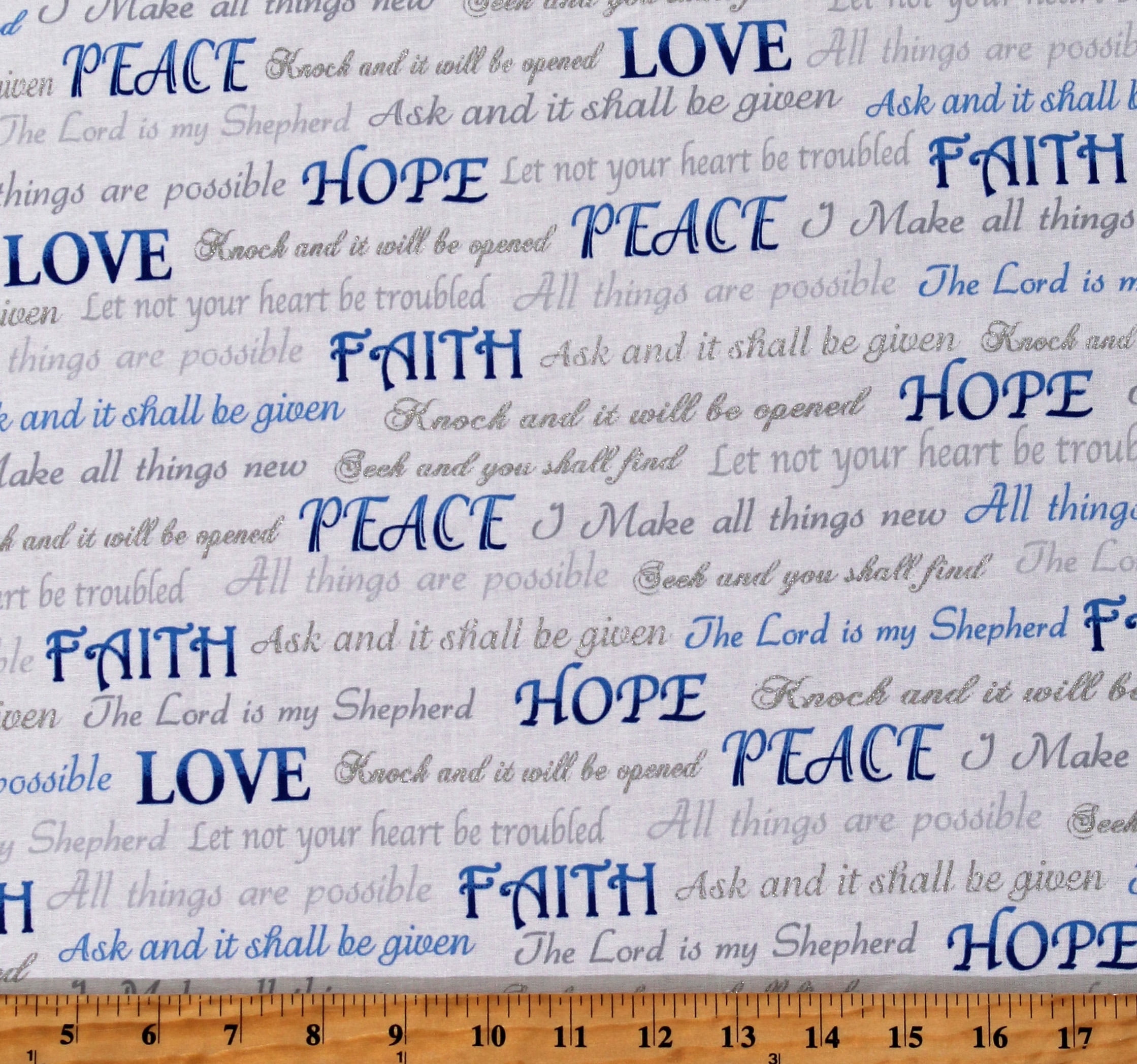 White and Blue Religious Inspirational Cotton Fabric by the Yard