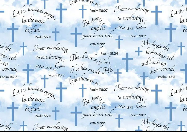 Cotton Faithful Psalms Clouds Crosses Religious Religion Christianity Words Script Phrases David Textiles Blue Cotton Fabric Print by the Yard (DX-2263-1C-1BLUE)