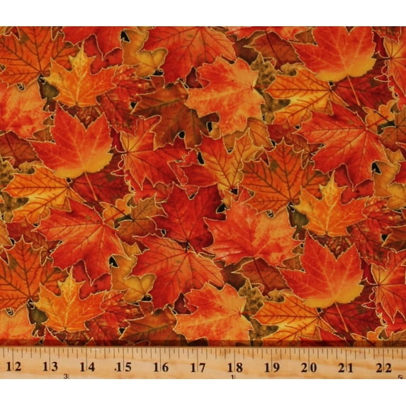 Cotton Fall Leaves Golden Orange Red Gold Metallic Shimmer Autumn Seasons Trees Harvest Time Cotton Fabric Print by the Yard (M613MULTI)