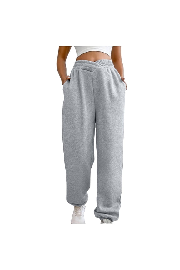 Cotton Fall Sweatpants Fashion Elastic Crossover High Waist Loose Solid Jogger Pants for Women Casual Sports Workout (Small, Gray)