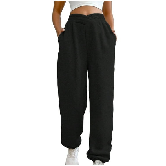 Cotton Fall Sweatpants Fashion Elastic Crossover High Waist Loose Solid Jogger Pants for Women Casual Sports Workout (XL, Black)
