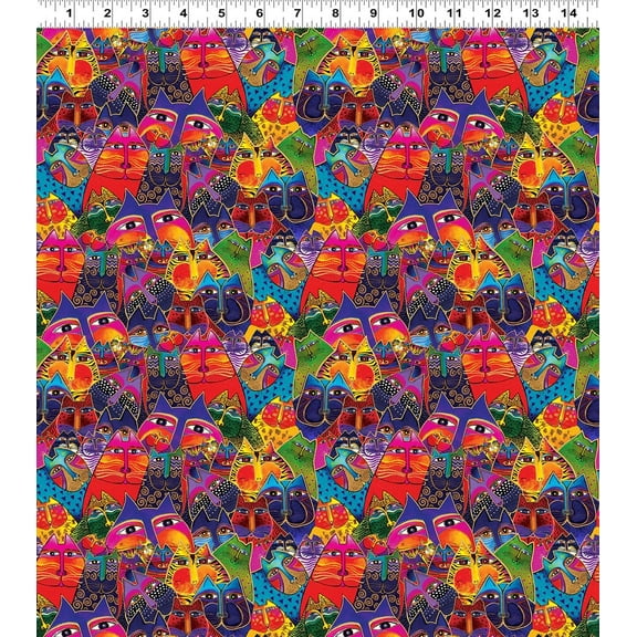 Cotton Fantasticats by Laurel Burch Bright Colored Cats Packed Allover Tossed Digital Print Gold Metallic Clothworks Multicolor Cotton Fabric Print by the Yard (Y4342-55MMULTI)
