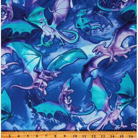 Cotton Fantasy Dragons Mystical Creatures Fictional Animals Kids Blue Cotton Fabric Print by the Yard (MICHAEL-CD3072-BLUE)