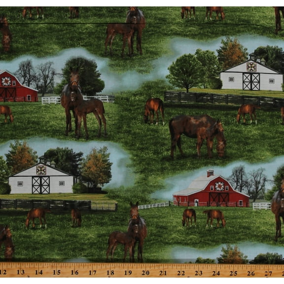 Cotton Farm Animals Barns Horses Equestrian Colts Thistle Hill Green Cotton Fabric Print by the Yard (52129-X)