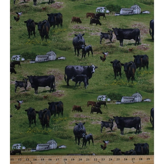 Cotton Farm Animals Cows Calf Calves Chickens Scenic Field Barns Farming Cotton Fabric Print by the Yard (515-green)