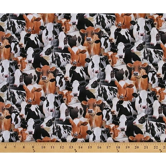 Cotton Farm Animals Packed Cows Cow Holstein Cotton Fabric Print by the Yard 432- Black
