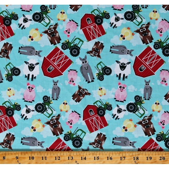 Cotton Farm Animals Tractors Barns The Barnyard Blue Kids Cotton Fabric Print by the Yard (126454)