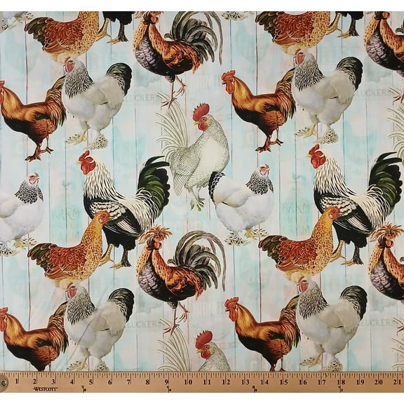 Cotton Farm Chickens Roosters Light Turquoise Timeless Treasure Cotton Fabric Print by the Yard (farm-CD1532-multi)