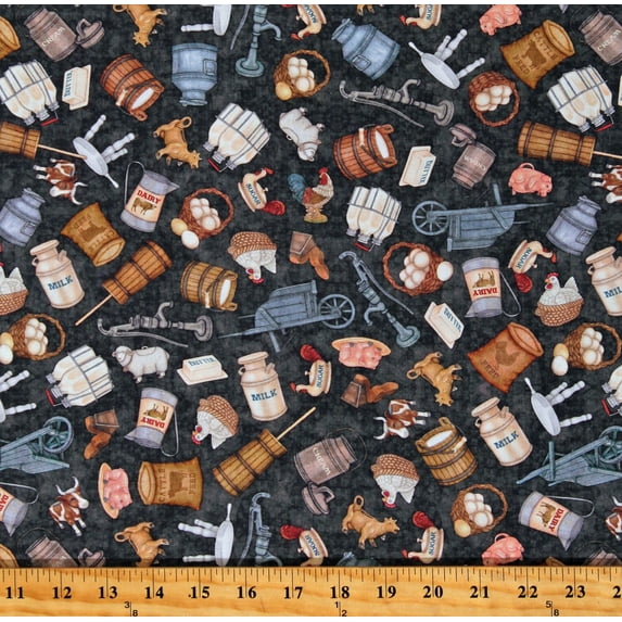 Cotton Farm Produce Milk Eggs Butter Chickens Cows Sheep Butter Churner Greener Pastures Gray Cotton Fabric Print by the Yard (1649-28085-K)