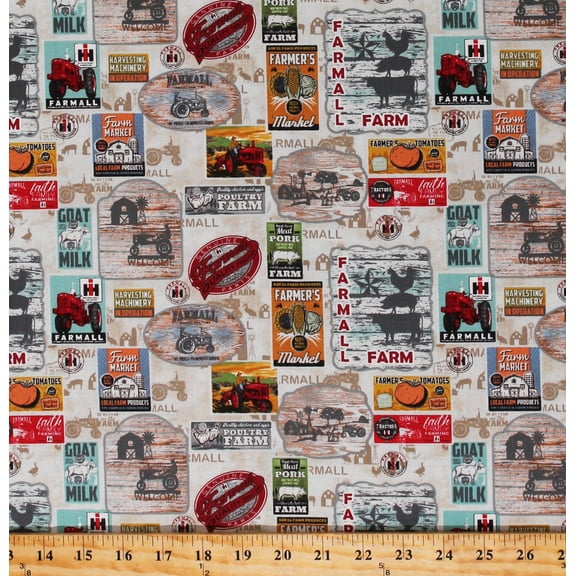 Cotton Farmall Farm To Table Signs Allover Farmer's Market Farming Country Natural Cotton Fabric Print by the Yard (10459)