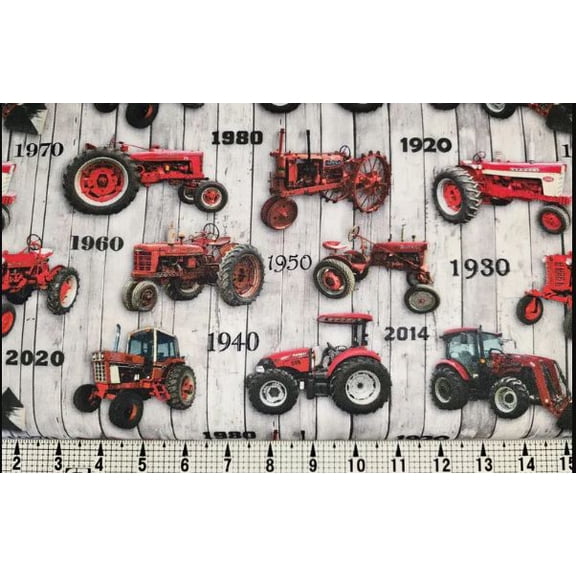 Cotton Farmall History Whitewash Tractors Decades Farms Officially Licensed by Sykel Enterprises Cotton Fabric Print by the Yard (10547)