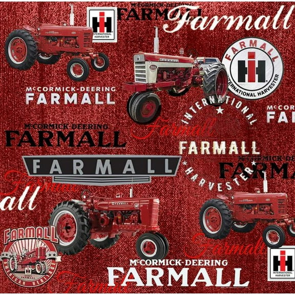 Cotton Farmall Logos and Tractors Red Wood Plank Background Country Farmers Officially Licensed by Sykel Enterprises Red Cotton Fabric Print by the Yard (10542-RED)