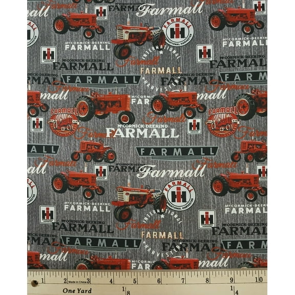 Cotton Farmall Logos and Tractors Tractor Farm Equipment Wood Officially Licensed by Sykel Enterprises Cotton Fabric Print by the Yard (10542-GRAY)