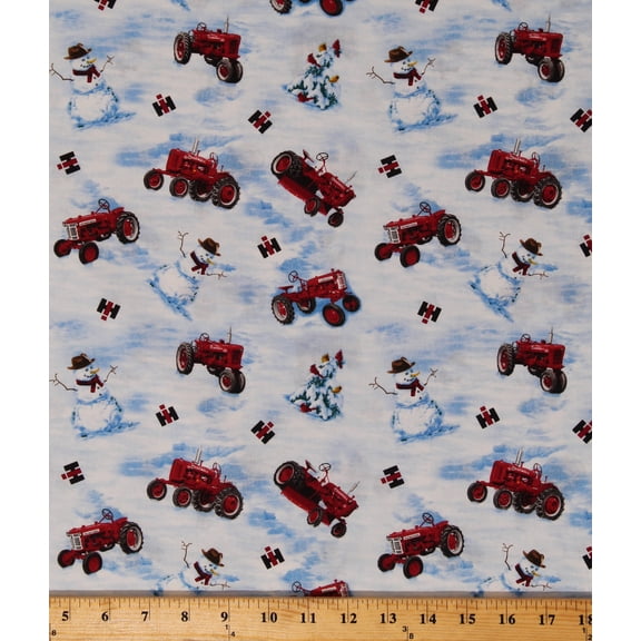 Cotton Farmall Tractors Farmall Logo Snowman Snowmen Pine Trees Birds Country Winter Cotton Fabric Print by the Yard (10183)