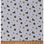 Cotton Farmer Farm Pigs Animals Cows Sheep John Deere Tractor Toss White Cotton Fabric Print by the Yard