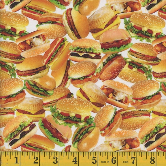 Cotton Fast Food Burgers Cheeseburgers Hamburgers Restaurant Barbeque Picnic Cookout Multicolor Cotton Fabric Print by the Yard (126043)