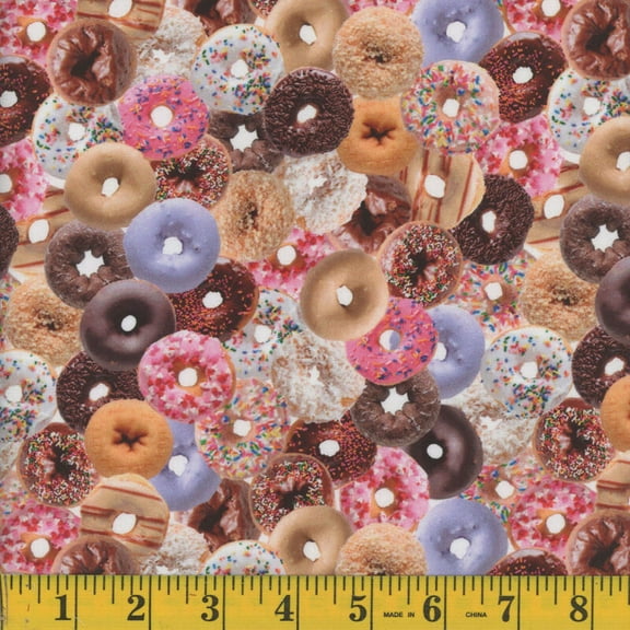 Cotton Fast Food Donuts Assorted Doughnuts Bakery Sweets Treats Multicolor Cotton Fabric Print by the Yard (126044)