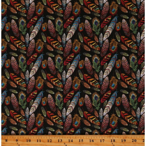 Cotton Feathers Aztec Native Tribal Birds Plumes Plumage Black Cotton Fabric Print by the Yard (119637)